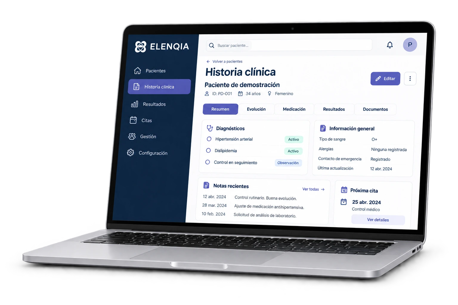 Vista ilustrativa de la historia clínica en ELENQIA